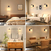 Collage of bedroom, living room, bathroom, and kitchen with wall-mounted lights.